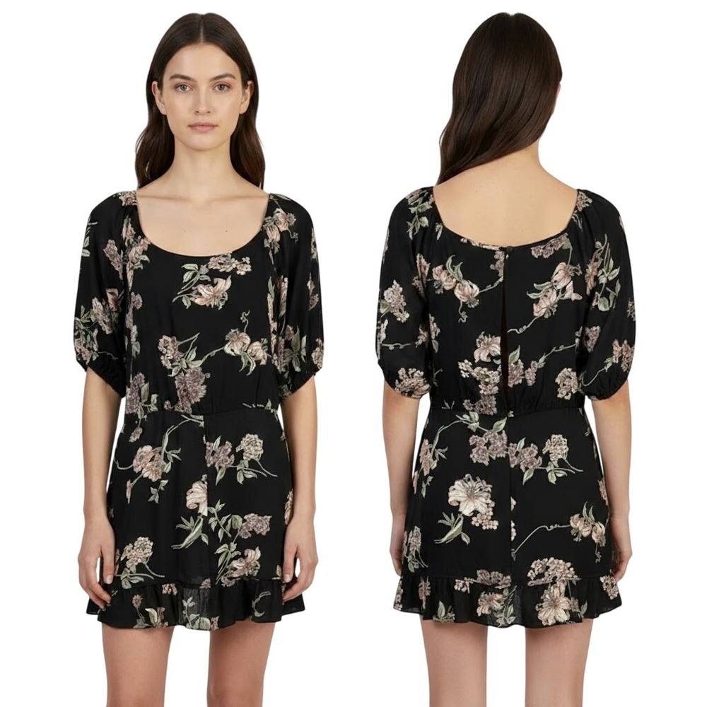 Flynn Skye Floral Mini Dress Black Puff Sleeve Square Neck Zip‎ Back Sundress